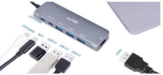 AirCover USB C Hub 6 in 1 mit 4K HDMI, Stromversorgung, USB C, 3x USB 3.0 für 19,79€ (statt 33€)