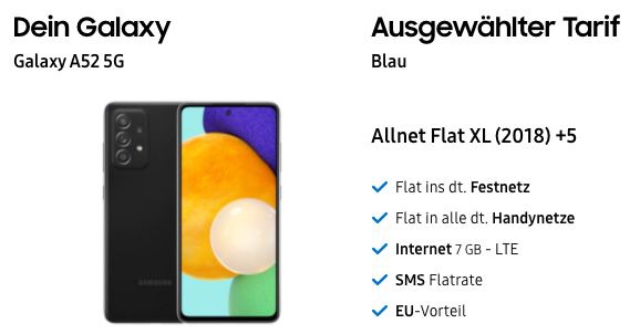 Samsung Galaxy A52 5G mit 256GB für 149€ + o2 Allnet Flat mit 7GB LTE für 14,99€ mtl.