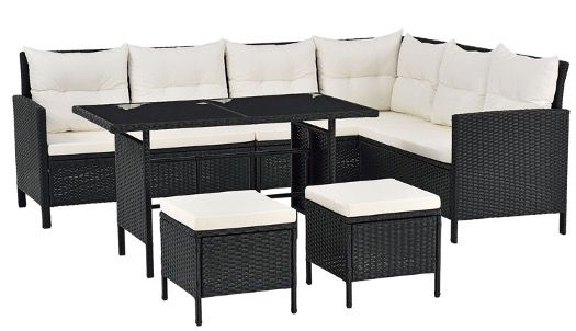Juskys Polyrattan Lounge Manacor mit Sofa, Tisch & 2 Hockern in drei Farben für je 449,99€ (statt 558€)