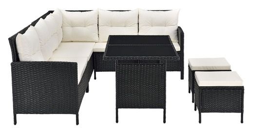 Juskys Polyrattan Lounge Manacor mit Sofa, Tisch & 2 Hockern in drei Farben für je 449,99€ (statt 558€)