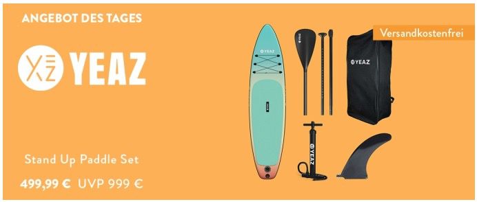 YEAZ Inflatable SUP Board Nelio Exotrek 5teilig inkl. Paddel, Pumpe und Rucksack für 449,99€ (statt 699€)