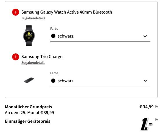 Samsung Galaxy S20 FE mit 256GB + Galaxy Watch Active + Charger für 1€ + o2 Allnet Flat inkl. 60GB LTE für 34,99€ mtl.