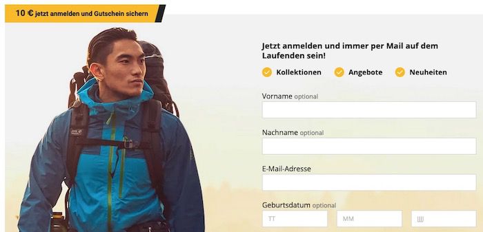 Jack Wolfskin Newsletter abonnieren und 10€ Gutschein (MBW 100€) per E Mail erhalten