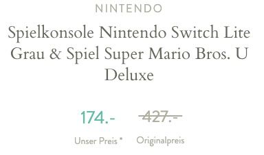 Nintendo Switch Lite in Grau + Spiel Super Mario Bros. U Deluxe ab 150,90€ (statt 235€)