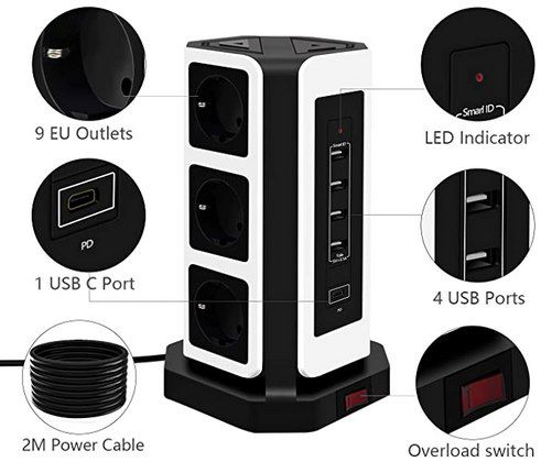 Elover ‎TP VD5U9E   9fach Steckdosenleiste mit 4x USB & 1x USB C für 21,49€ (statt 30€)