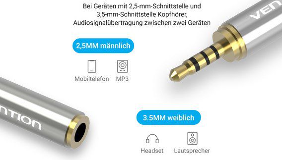 VENTION Klinkenstecker Adapter 2,5 auf 3,5 mm sowie 3,5 auf 2,5mm für je 1,88€   Prime