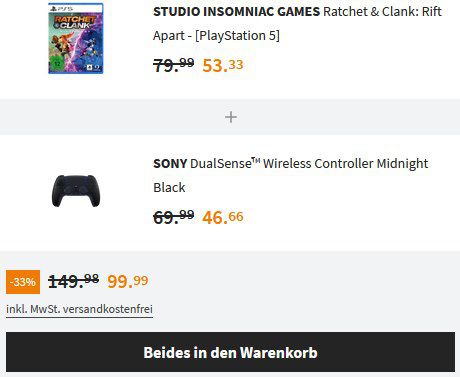 Sony DualSense Controller Midnight Black + Ratchet & Clank: Rift Apart PS5 für 90,99€ (statt 136€)