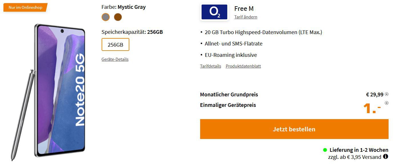 Samsung Galaxy Note20 5G 256GB für 1€ + O2 AllNet Flat mit 20GB max. LTE für 29,99€ mtl.