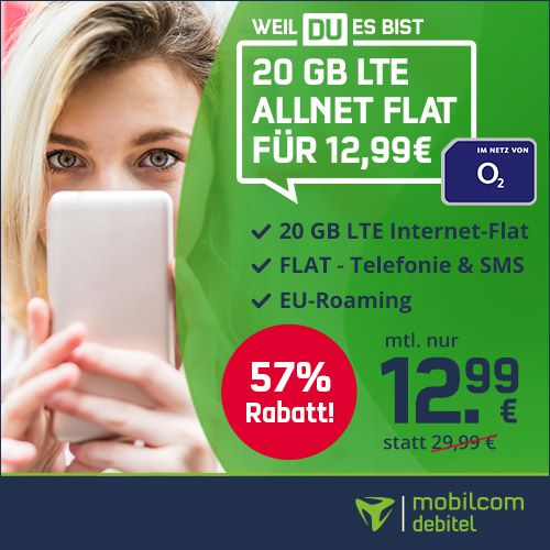 🔥 o2 Allnet Flat mit 20GB LTE inkl. VoLTE und WLAN Call für 12,99€ mtl.