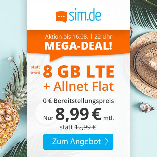 Sim.de: o2 Allnet Flat mit 8GB LTE für 8,99€ mtl.   nur 3 Monate Laufzeit