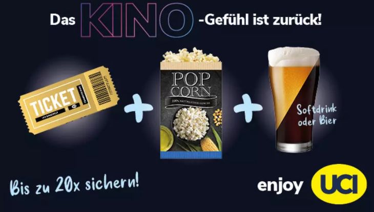 1 UCI Kinogutschein für alle 2D Filme + Popcorn klein + 0,5 l Softgetränk oder Bier für 9,99€
