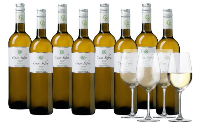 8 Flaschen Casa Safra Verdejo Weißwein + 4 Gläser für 44,99€
