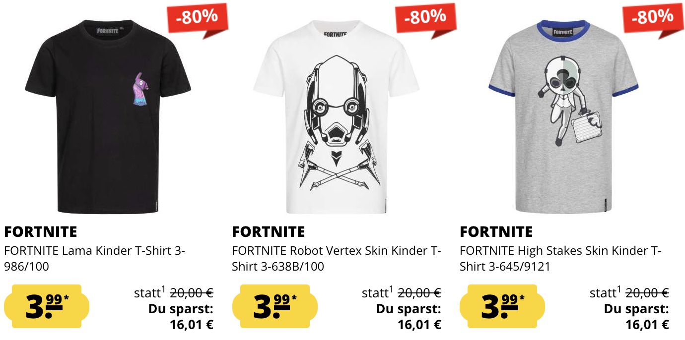 Fortnite Kinder Klamotten Sale   z.B. Langarmshirt für 4,99€ oder T Shirts für 3,99€