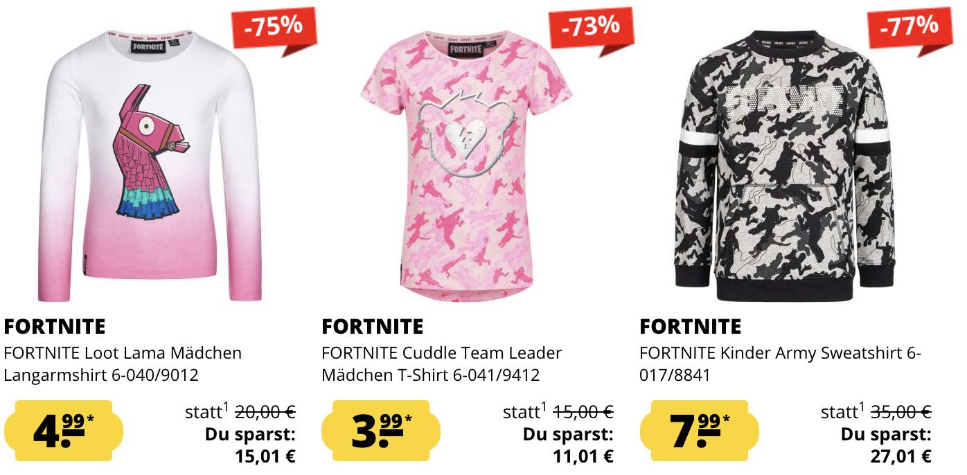 Fortnite Kinder Klamotten Sale   z.B. Langarmshirt für 4,99€ oder T Shirts für 3,99€