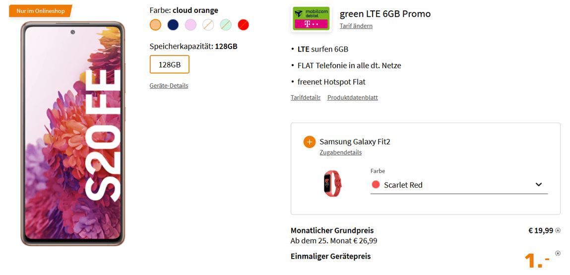 Samsung Galaxy S20 FE 128GB + Galaxy Fit2 für 1€ +Telekom AllNet 6GB Flat (21Mbit/s) für 19,99€ mtl.