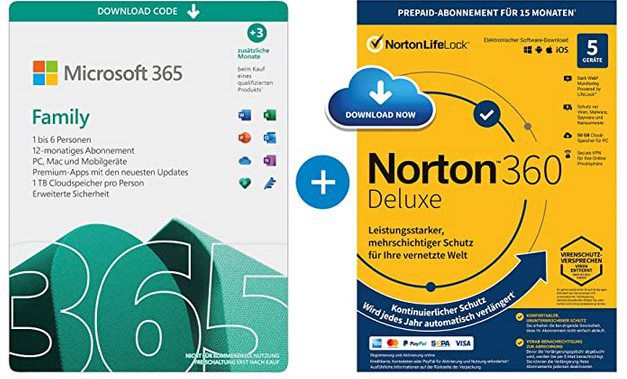 15 Monate Microsoft 365 Family bis zu 6 Nutzer + Norton 360 Deluxe für 53,99€ (statt 64€)   als Download