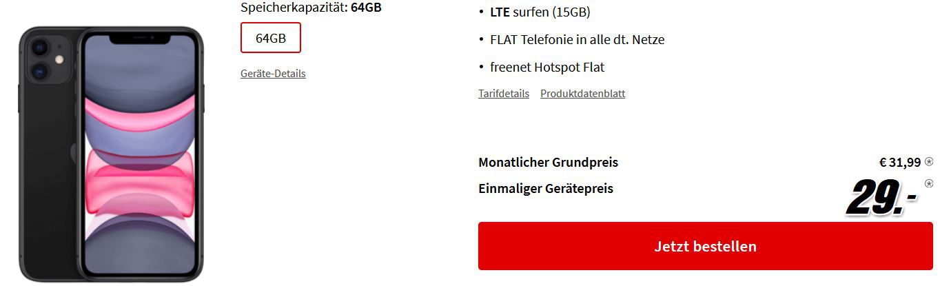 Apple iPhone 11 64GB für 29€ + Vodafone Flat mit 15GB LTE für 31,99€ mtl.