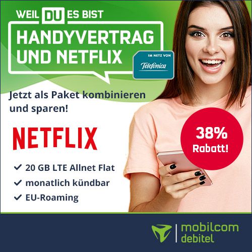 🔥 o2 Allnet Flat inkl. Netflix Standard (2 Geräte, mit Full HD) mit 20GB LTE für 26,48€ mtl.