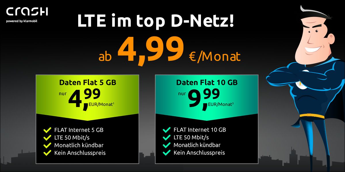 Vodafone Daten Flat von Crash mit 5GB LTE für 4,99€ mtl. oder mit 10GB LTE für 9,99€ mtl.   monatlich kündbar!