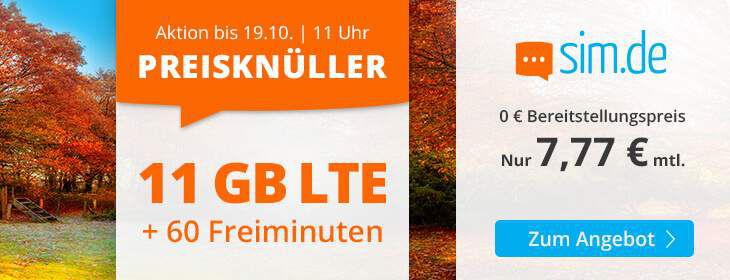 Sim.de: o2 Tarif mit 11GB LTE + 60 Freiminuten für 7,77€ mtl.   auch ohne Laufzeit buchbar