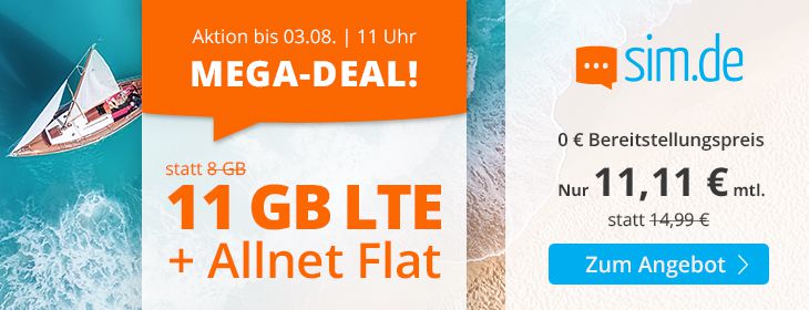 Sim.de o2 Allnet Flat mit 11GB LTE für 11,11€ (statt 15€) + keine Laufzeit
