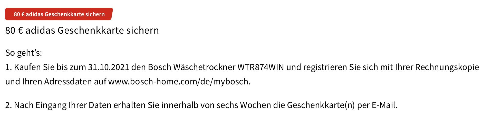 BOSCH WTR 874 WIN Wärmepumpentrockner mit AutoDry + 80€ adidas Geschenkkarte ab 509€ (statt 589€)