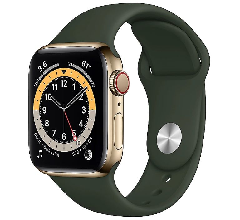 Apple Watch Series 6 in Gold (LTE, Edelstahl, 44mm) mit Sportarmband in Zyperngrün für 459,52€ (statt 593€)