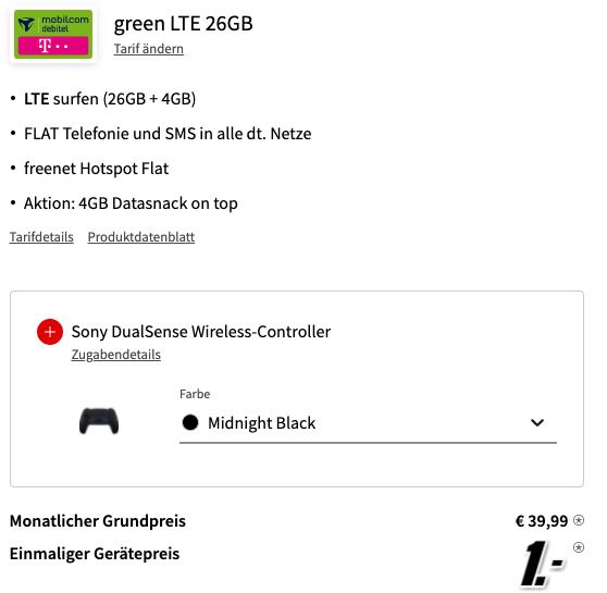 PlayStation 5 Disc Edition inkl. 2. Controller für 1€ + Telekom Allnet Flat mit 30GB LTE für 39,99€ mtl.