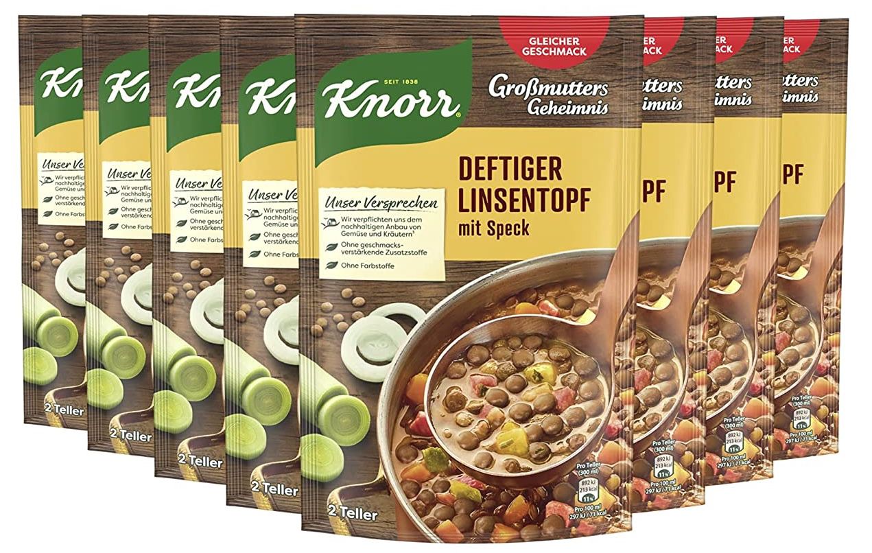 8er Pack Knorr Großmutters Geheimnis Eintopf Deftiger Linsentopf mit Speck (je 2 Teller) für 6,46€ (statt 11€)