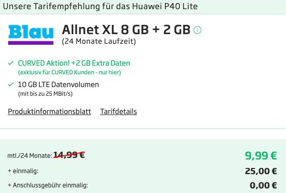 Huawei P40 Lite mit 128GB für 25€ + o2 Allnet Flat von Blau.de mit 10GB LTE für 9,99€ mtl.