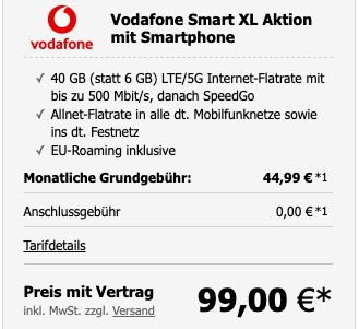 Pricedrop: Samsung Galaxy Z Flip3 5G 128GB für 49€ + Vodafone Allnet Flat mit 40GB LTE/5G für 42,99€ mtl.