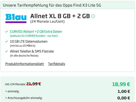 Oppo Find X3 lite 128GB + Oppo Enco Air für 1€ + o2 Allnet Flat von Blau mit 10GB LTE für 18,99€ mtl.