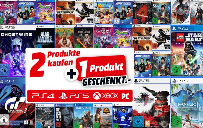 2 Spiele kaufen + 1 Spiel geschenkt bei MediaMarkt   auf PC, PS5, PS4 und Xbox