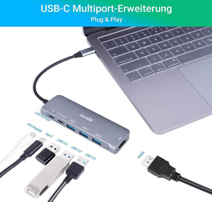 AirCover   USB C Hub   6 in 1 USB C Adapter mit 4K HDMI für 22,74€ (statt 35€)