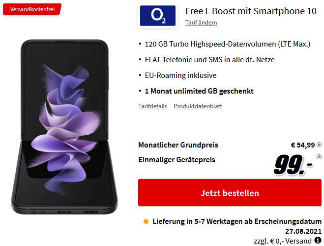 Samsung Galaxy Z Flip3 5G mit 128GB für 99€ mit o2 Allnet Flatrate inkl. 120GB LTE Max für 54,99€ mtl.