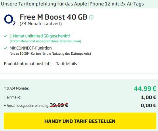 Apple iPhone 12 mit 64GB in Violett für 1€ + o2 Allnet Flat mit 40GB LTE/5G für 44,99€ mtl. + 2 AirTags geschenkt