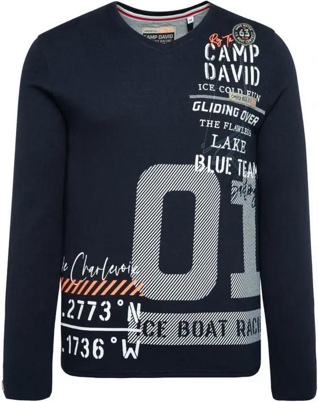 Camp David Sweatshirt mit V Ausschnitt und Print in Navy für 37,93€ (statt 50€)