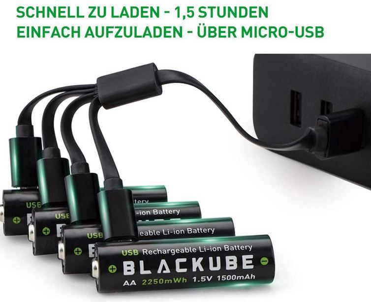 Blackube AA 4 wiederaufladbare Akku 1.5V/2250mWh für 16,49€ (statt 33€)