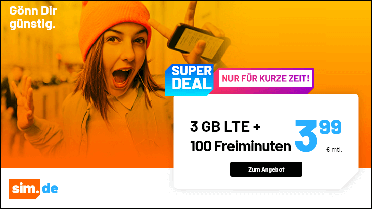 Sim.de: o2 Tarif mit 100 Freiminuten + 3GB LTE für 3,99€ mtl.   nur 3 Monate Laufzeit
