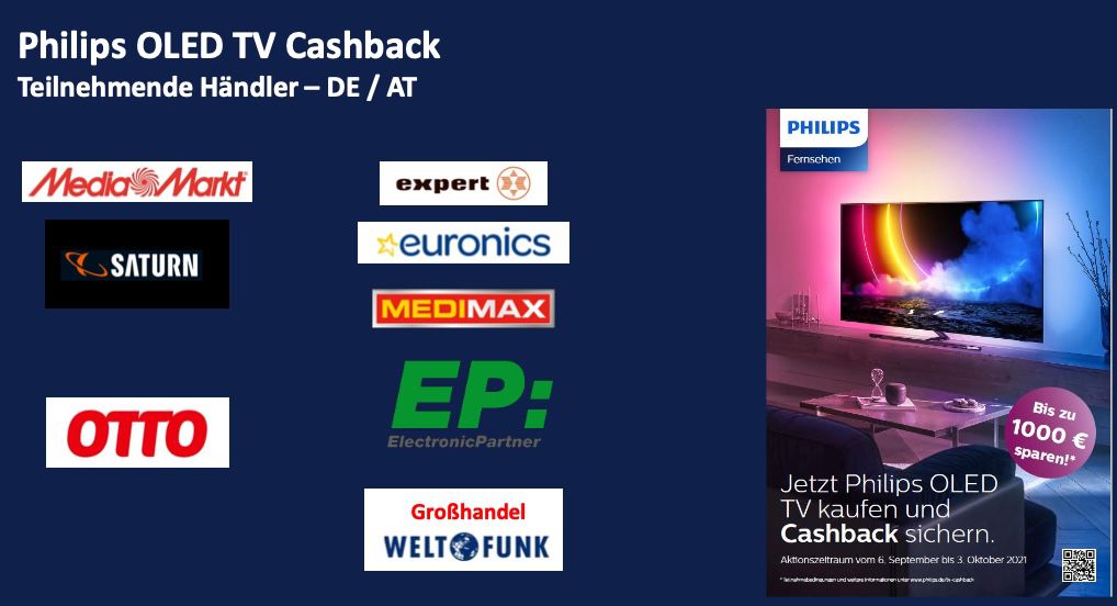 Philips OLED Fernseher mit bis 1.000€ Cashback   z.B. 65OLED935 für eff. 1.989€ (statt 2.499€)