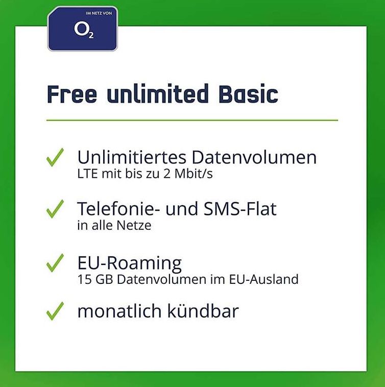6 Monate o2 Free mit unlimited LTE (2 Mbit/s) + Telefon  & SMS Flat für einmalig 39,99€   rechnerisch 6,67€ mtl.