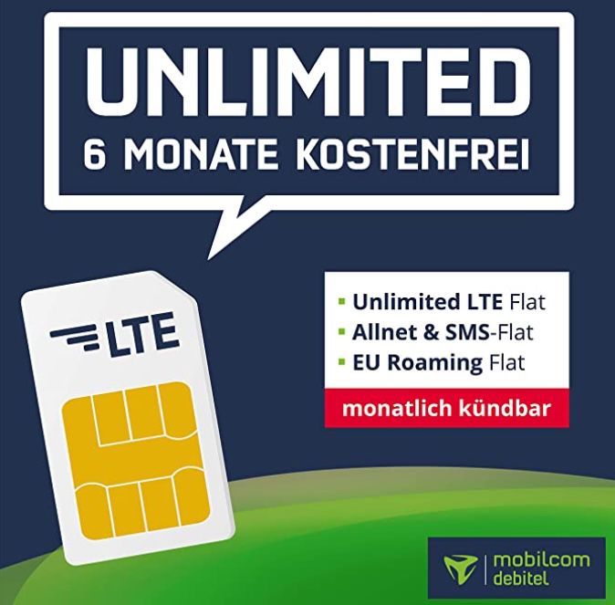 6 Monate o2 Free mit unlimited LTE (2 Mbit/s) + Telefon  & SMS Flat für einmalig 39,99€   rechnerisch 6,67€ mtl.