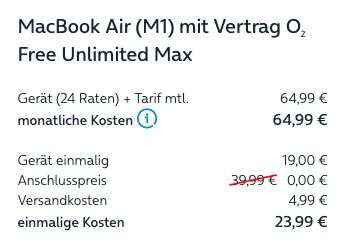 Apple MacBook Air M1 mit 256GB für 19€ + o2 Allnet Flat mit unlimited LTE/5G für 64,99€ mtl.