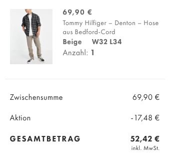 25% Rabatt auf Hosen & Oberteile   z.B. Tommy Hilfiger Denton Hose aus Bedford Cord für 52,42€ (statt 75€)