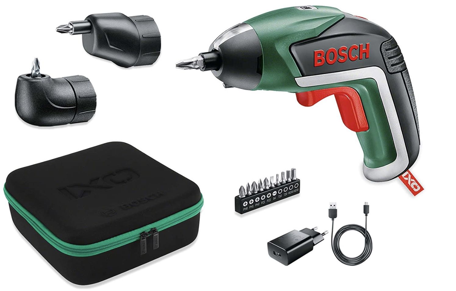 Bosch 06039A8002 Akkuschrauber IXO Set inkl. Winkelaufsatz und Exzenteraufsatz, 10 Bits, USB Ladegerät, Softcase für 48€ (statt 58€)