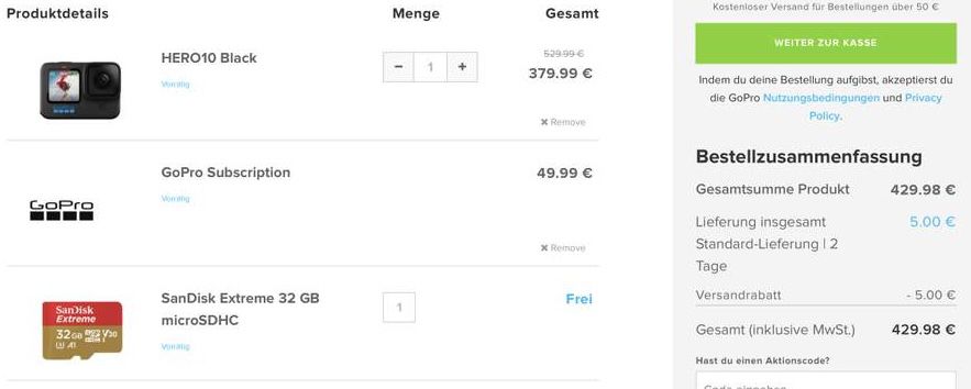 Schnell? GoPro HERO10 Black + Speicherkarte + GoPro Abo für 429,98€ (statt 529€)