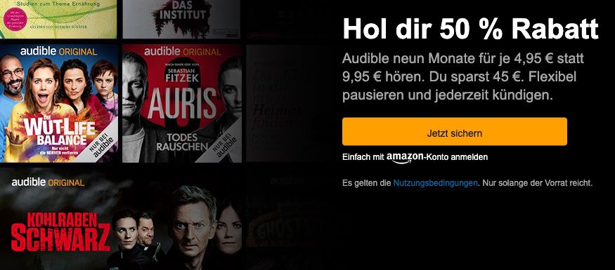 🔥 50% Rabatt: Audible 9 Monate mit 9 Hörbüchern nach Wahl nur 4,95€ mtl. (statt 10€)