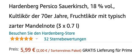 Fehler? 3 Flaschen Hardenberg Persico Sauerkirsch Fruchtlikör für 5,99€ (statt 20€)   Prime