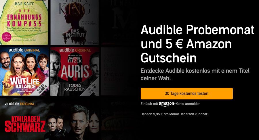 audible 30 Tage kostenlos testen + 5€ Amazon Gutschein GRATIS