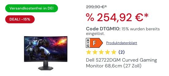 15% Rabatt auf Gaming Monitore von Dell & Alienware   z.B. Dell S2722DGM ab 253€ (statt 290€)